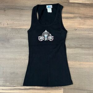 Vtg. Y2K Disneyland Black Ribbed Tank Top - Rhinestone Cinderella Carriage Sz. M